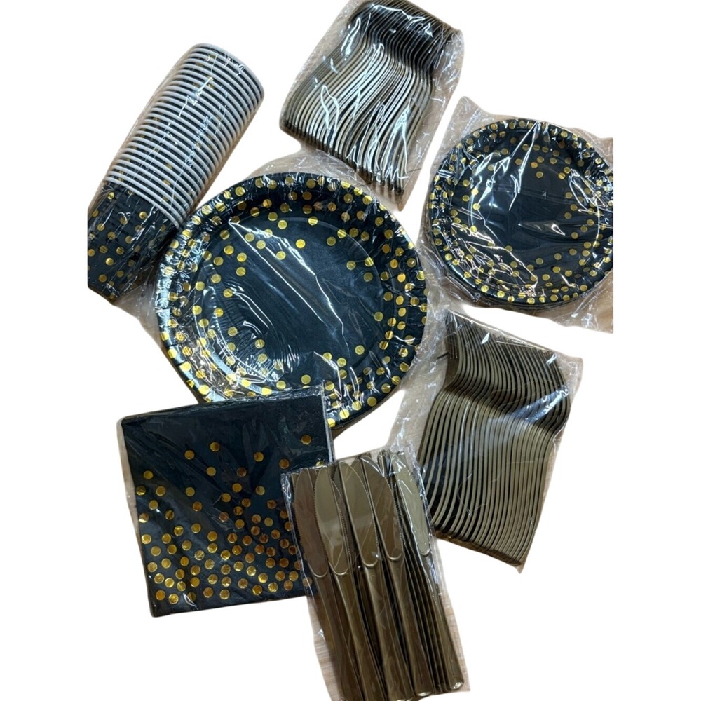 Premium Black and Gold Polka Dot Party Tableware Set‎ - Home Party Supplies